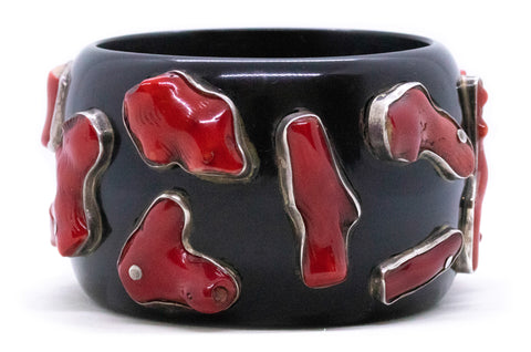 FRENCH MODERN BLACK BANGLE BRACELET IN STERLING SILVER WITH RED CORAL