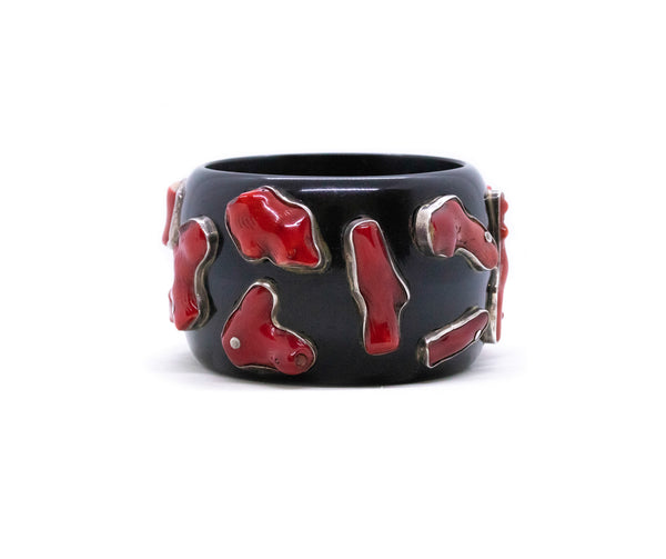 FRENCH MODERN BLACK BANGLE BRACELET IN STERLING SILVER WITH RED CORAL