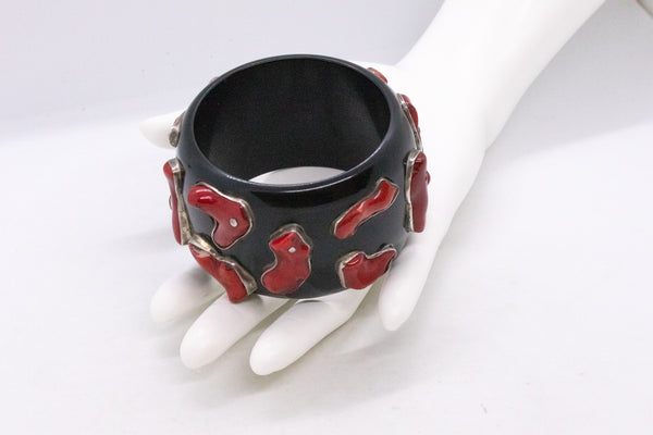 FRENCH MODERN BLACK BANGLE BRACELET IN STERLING SILVER WITH RED CORAL