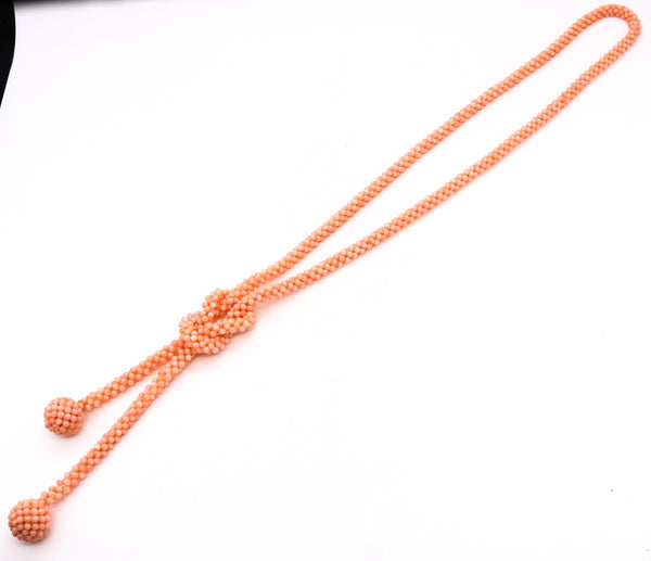*Italy 1970's modern convertible long sautoir necklace with a mesh of pink salmon coral