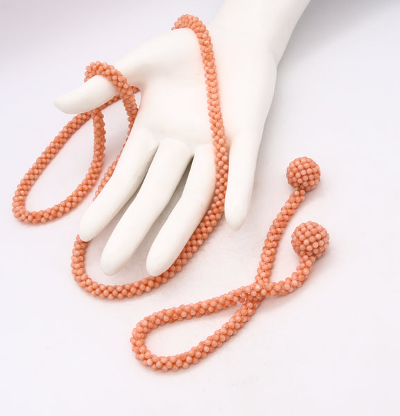 *Italy 1970's modern convertible long sautoir necklace with a mesh of pink salmon coral