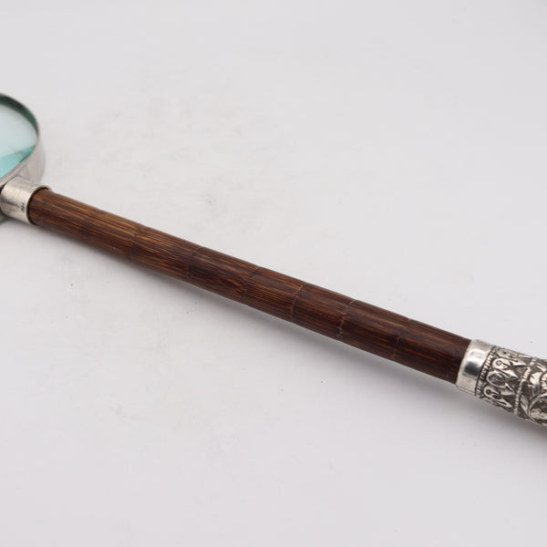 Edwardian 1905 Handle Desk Magnifier Glass In Sterling Silver And Bamboo Wood