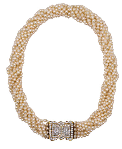 Italian Contemporary Multi Strands Pearls Necklace In 18Kt Yellow Gold With 4.92 Cts Diamonds