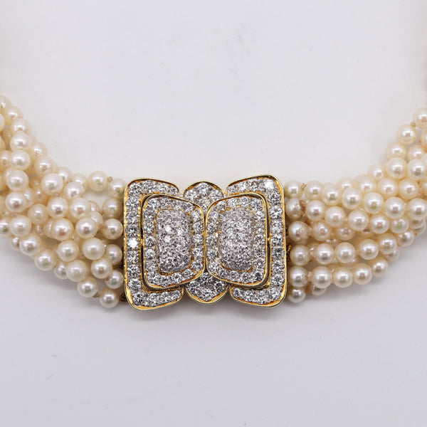 Italian Contemporary Multi Strands Pearls Necklace In 18Kt Yellow Gold With 4.92 Cts Diamonds