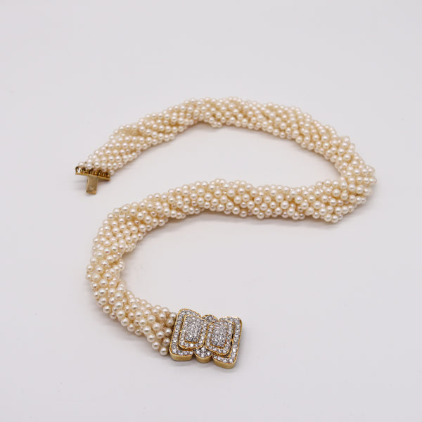 Italian Contemporary Multi Strands Pearls Necklace In 18Kt Yellow Gold With 4.92 Cts Diamonds