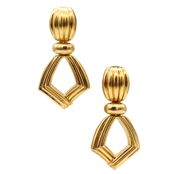 Modernist 1970 Fluted Door Knockers Drop Earrings In 18Kt Yellow Gold