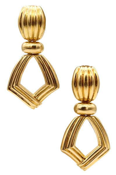 Modernist 1970 Fluted Door Knockers Drop Earrings In 18Kt Yellow Gold