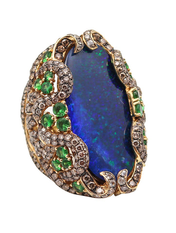 -Wendy Yue Sculptural Ring In 18Kt Gold With 28.92 Ctw Black Opal Diamonds And Tsavorites