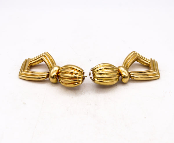 Modernist 1970 Fluted Door Knockers Drop Earrings In 18Kt Yellow Gold