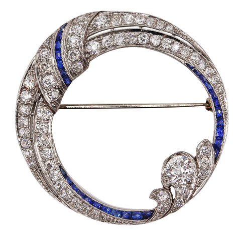 Hayden W. Wheeler & Co 1930's Art Deco Brooch In Platinum With 4.33 Cts In Diamonds & Sapphires