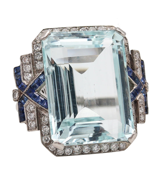 (S)Art Deco 1930 Cocktail Ring In Platinum With 31.35 Ctw In Aquamarine Diamonds And Sapphires