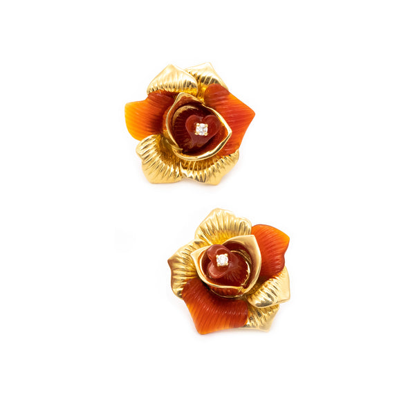 SABBADINI MILANO 18 KT YELLOW GOLD EARRINGS WITH CARVED CARNELIANS & DIAMONDS