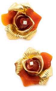 SABBADINI MILANO 18 KT YELLOW GOLD EARRINGS WITH CARVED CARNELIANS & DIAMONDS