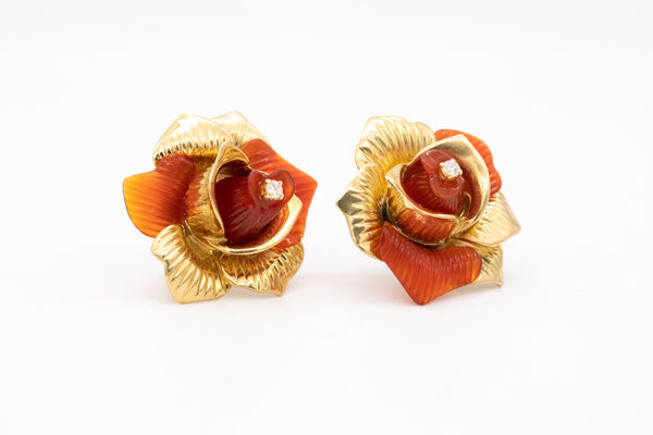 SABBADINI MILANO 18 KT YELLOW GOLD EARRINGS WITH CARVED CARNELIANS & DIAMONDS