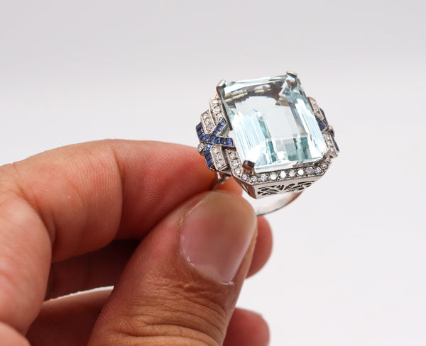 (S)Art Deco 1930 Cocktail Ring In Platinum With 31.35 Ctw In Aquamarine Diamonds And Sapphires