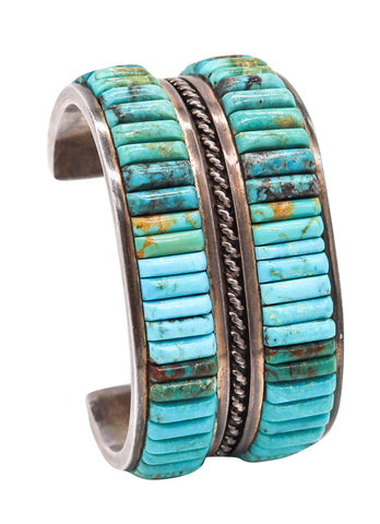 Native American 1960 Navajo Bracelet Cuff In .935 Sterling Silver With Turquoises