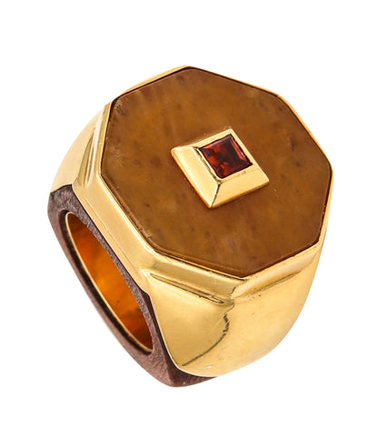 -Modernist 1970 Cocktail Agate Ring In Wood And 18Kt Yellow Gold With Mandarin Citrine