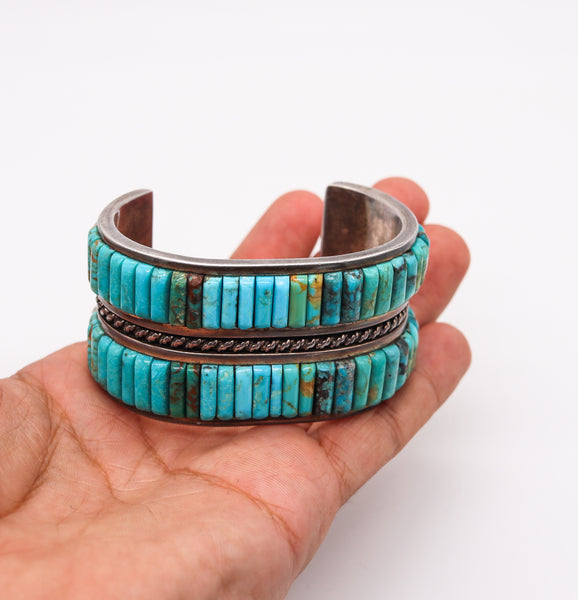 Native American 1960 Navajo Bracelet Cuff In .935 Sterling Silver With Turquoises