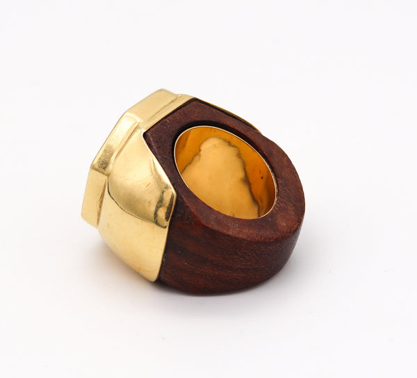 -Modernist 1970 Cocktail Agate Ring In Wood And 18Kt Yellow Gold With Mandarin Citrine