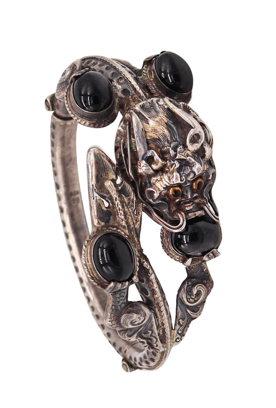 China 1900 Export Dragon Bracelet in .925 Sterling Silver With Cat's Eye Obsidian