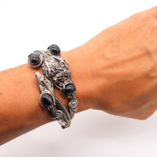 China 1900 Export Dragon Bracelet in .925 Sterling Silver With Cat's Eye Obsidian
