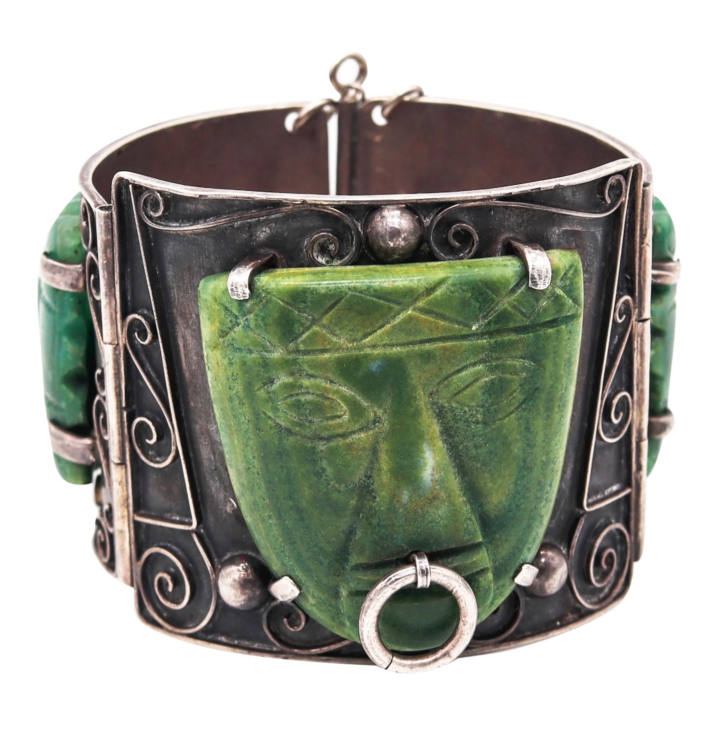 Mexico 1930 Art Deco Early Taxco Bracelet In Solid .980 Silver With Carved Green Jade