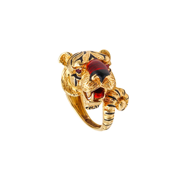 -Frascarolo Milano Enameled Tiger Cocktail Ring in 18Kt Yellow Gold With Rubies