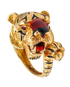 -Frascarolo Milano Enameled Tiger Cocktail Ring in 18Kt Yellow Gold With Rubies