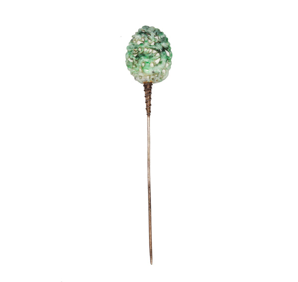 Art Deco 1920 Hat Dress Stick Pin In .800 Silver With Carved Nephrite Green Jade