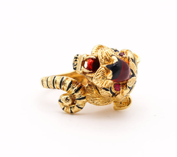 -Frascarolo Milano Enameled Tiger Cocktail Ring in 18Kt Yellow Gold With Rubies