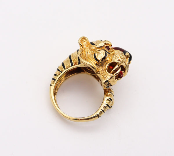 -Frascarolo Milano Enameled Tiger Cocktail Ring in 18Kt Yellow Gold With Rubies