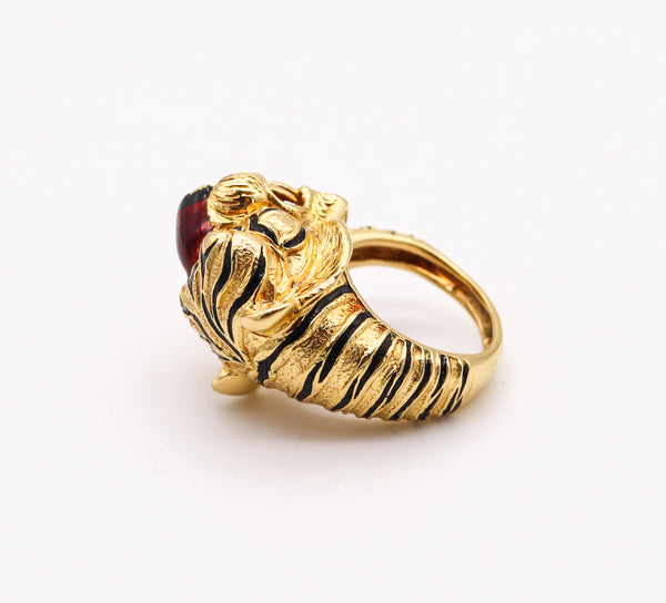 -Frascarolo Milano Enameled Tiger Cocktail Ring in 18Kt Yellow Gold With Rubies