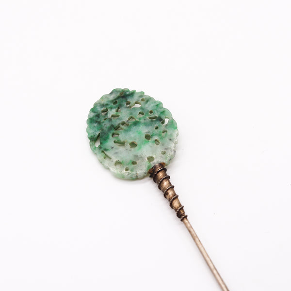 Art Deco 1920 Hat Dress Stick Pin In .800 Silver With Carved Nephrite Green Jade