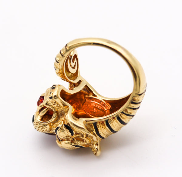 -Frascarolo Milano Enameled Tiger Cocktail Ring in 18Kt Yellow Gold With Rubies