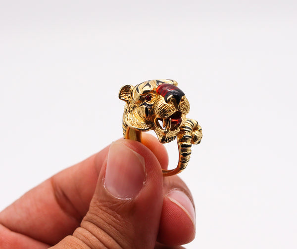 -Frascarolo Milano Enameled Tiger Cocktail Ring in 18Kt Yellow Gold With Rubies