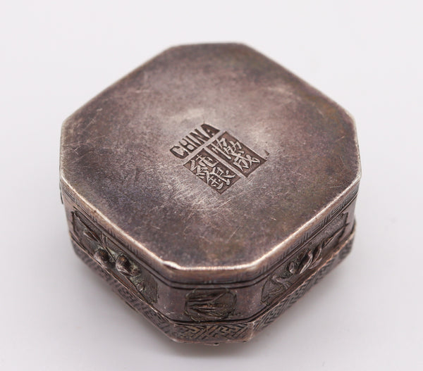 *Victorian 1890 Chinese Export Stamps Octagonal Box In Sterling Silver With Carved Jade