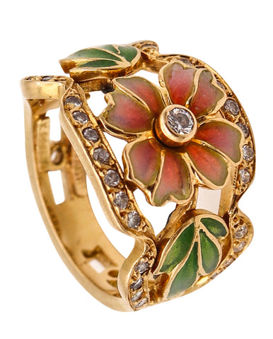 -Masriera Art Nouveau Plique à Jour Enamel Ring In 18Kt Yellow Gold With VS Diamonds