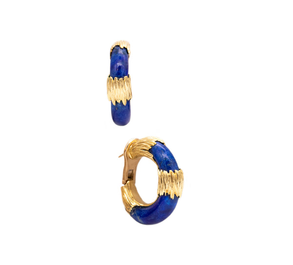 *Kutchinsky 1971 London 18 kt yellow gold hoop earrings with blue lapis lazuli
