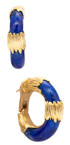 *Kutchinsky 1971 London 18 kt yellow gold hoop earrings with blue lapis lazuli