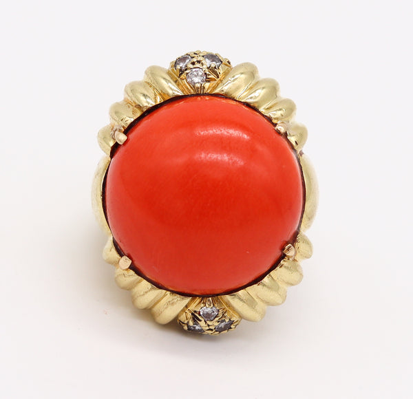 MODERNIST 1970 Cocktail Ring In 18Kt Yellow Gold With 26.89 Cts In Red Coral & Diamonds