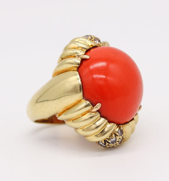 MODERNIST 1970 Cocktail Ring In 18Kt Yellow Gold With 26.89 Cts In Red Coral & Diamonds