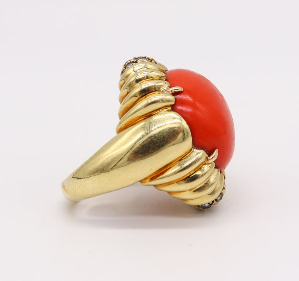 MODERNIST 1970 Cocktail Ring In 18Kt Yellow Gold With 26.89 Cts In Red Coral & Diamonds