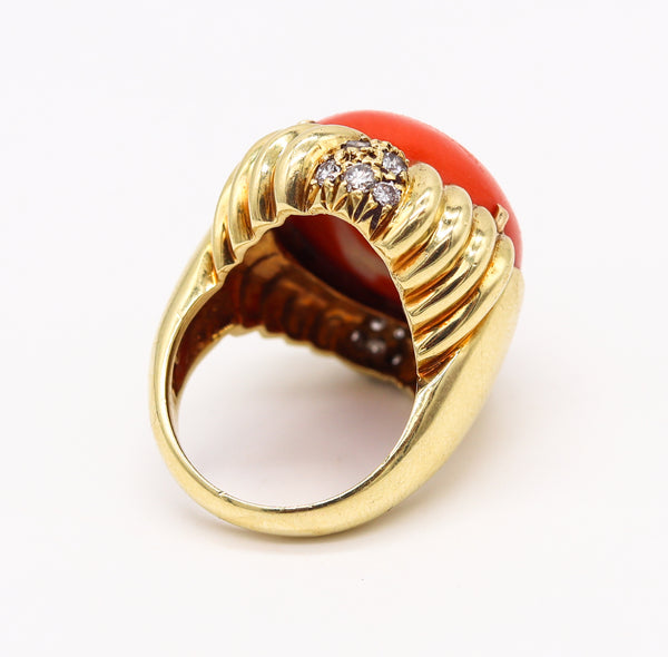 MODERNIST 1970 Cocktail Ring In 18Kt Yellow Gold With 26.89 Cts In Red Coral & Diamonds