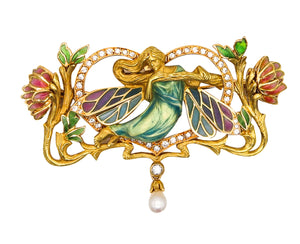 -Masriera Art Nouveau Plique à Jour Enamel Convertible Brooch In 18Kt Yellow Gold With VS Diamonds