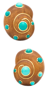 VERDURA 18 KT YELLOW GOLD SHELL EARCLIPS WITH CARVED WOOD AND TURQUOISES