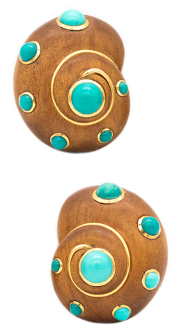 VERDURA 18 KT YELLOW GOLD SHELL EARCLIPS WITH CARVED WOOD AND TURQUOISES