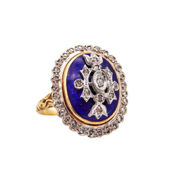 (S)-Victorian 1870 Guilloche Enamel Crest Ring In 18Kt Yellow Gold With 1.17 Ctw Diamonds