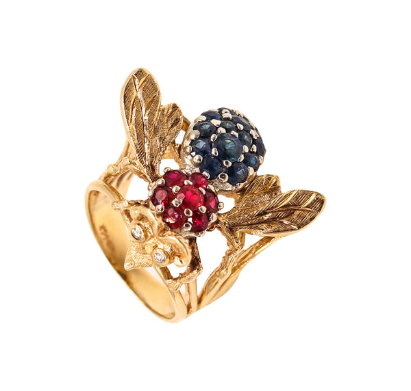 Herbert Rosenthal 1960 Jeweled Bee Ring In 14Kt Yellow Gold With 2.83 Cts In Gemstones