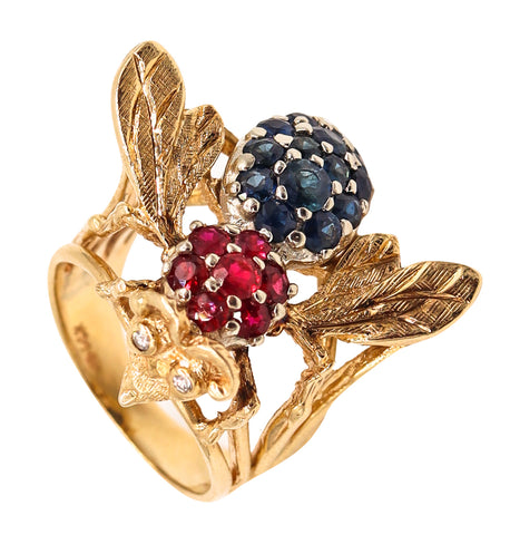 Herbert Rosenthal 1960 Jeweled Bee Ring In 14Kt Yellow Gold With 2.83 Cts In Gemstones