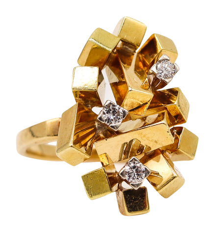 Alfred Karram 1970 Brutalist Geometric Cubic Ring In 18 Kt Gold With Diamonds